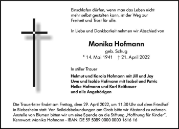 Traueranzeige von Monika Hofmann von vrm-trauer Groß-Gerauer Echo