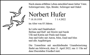 Traueranzeige von Norbert Hufer von vrm-trauer Darmstädter Echo