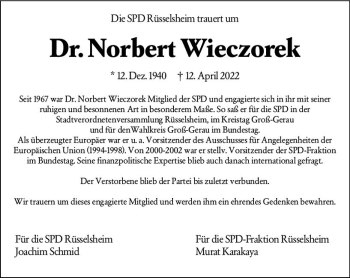 Traueranzeige von Norbert Wieczorek von vrm-trauer Rüsselsheimer Echo / MainSpitze