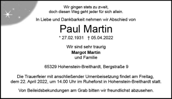 Traueranzeige von Paul Martin von vrm-trauer WK-UTA