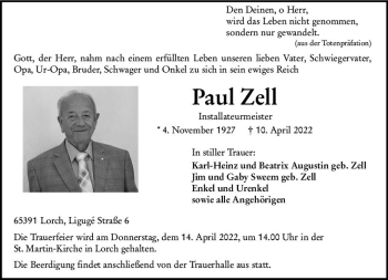 Traueranzeige von Paul Zell von vrm-trauer Rheingau