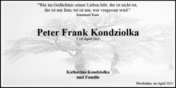 Traueranzeige von Peter Frank Kondziolka von vrm-trauer Wiesbadener Kurier