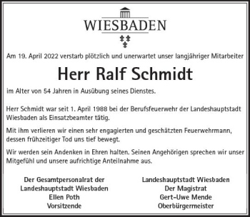 Traueranzeige von Ralf Schmidt von vrm-trauer Wiesbadener Kurier