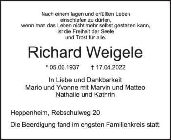 Traueranzeige von Richard Weigele von vrm-trauer Bürstädter/Lamperth. Ztg/Starkenburger