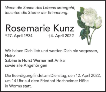 Traueranzeige von Rosemarie Kunz von vrm-trauer Wormser Zeitung