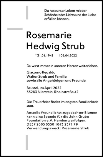 Traueranzeige von Rosemarie Hedwig Strub von vrm-trauer AZ Mainz
