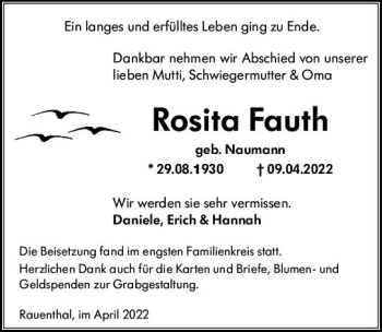Traueranzeige von Rosita Fauth von vrm-trauer Rheingau