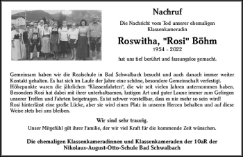 Traueranzeige von Roswitha Böhm von vrm-trauer Wiesbadener Kurier