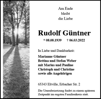 Traueranzeige von Rudolf Güntner von vrm-trauer Rheingau