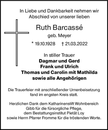 Traueranzeige von Ruth Barcassé von vrm-trauer Wiesbadener Kurier