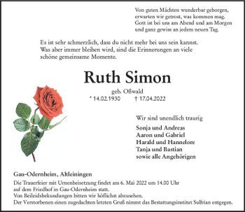 Traueranzeige von Ruth Simon von vrm-trauer Allgemeine Zeitung Alzey