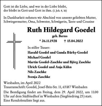 Traueranzeige von Ruth Hildegard Goedel von vrm-trauer Wiesbadener Kurier