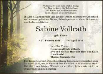 Traueranzeige von Sabine Vollrath von vrm-trauer Bürstädter/Lamperth. Ztg/Starkenburger