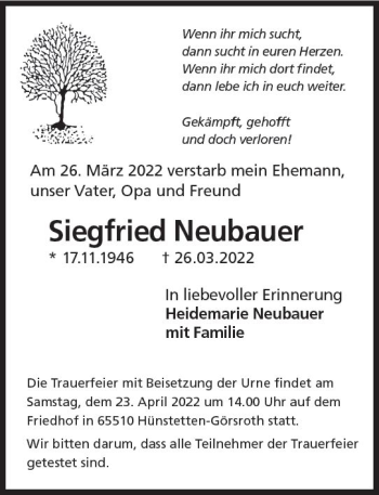Traueranzeige von Siegfried Neubauer von vrm-trauer Wiesbadener Kurier