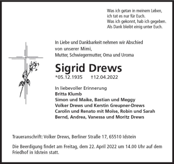 Traueranzeige von Sigrid Drews von vrm-trauer Idsteiner Zeitung