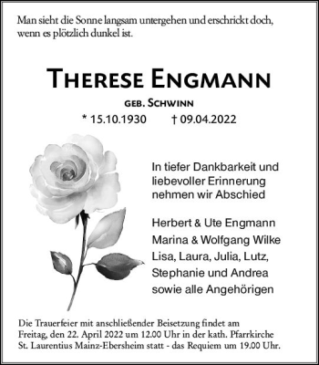 Traueranzeige von Therese Engmann von vrm-trauer AZ Mainz