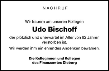 Traueranzeige von Udo Bischoff von vrm-trauer DieburgerAnzeiger/Groß-Zimmerner Lokala