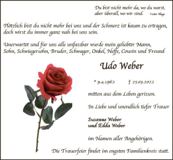 Traueranzeige von Udo Weber von vrm-trauer Hochheimer Zeitung