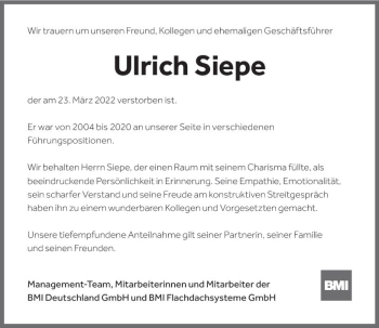 Traueranzeige von Ulrich Siepe von vrm-trauer Wiesbadener Kurier