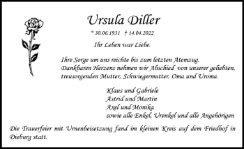 Traueranzeige von Ursula Diller von vrm-trauer DieburgerAnzeiger/Groß-Zimmerner Lokala