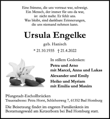 Traueranzeige von Ursula Engelke von vrm-trauer Darmstädter Echo