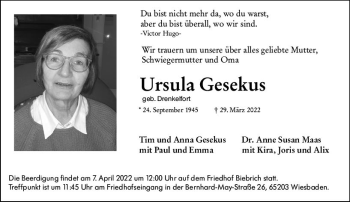 Traueranzeige von Ursula Gesekus von vrm-trauer Wiesbadener Kurier