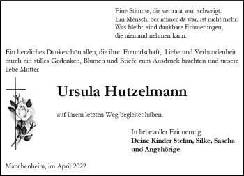 Traueranzeige von Ursula Hutzelmann von vrm-trauer Allgemeine Zeitung Alzey