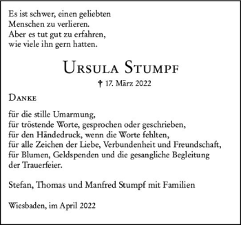 Traueranzeige von Ursula Stumpf von vrm-trauer Wiesbadener Kurier