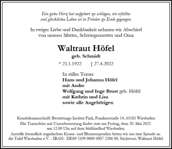 Traueranzeige von Waltraut Höfel von vrm-trauer Wiesbadener Kurier