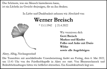 Traueranzeige von Werner Breisch von vrm-trauer Allgemeine Zeitung Alzey