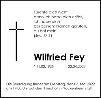 Traueranzeige von Wilfried Fey von vrm-trauer AZ Mainz