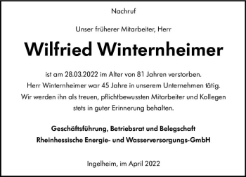 Traueranzeige von Wilfried Winternheimer von vrm-trauer Allgemeine  Zeitung Ingelheim-Bingen