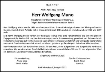 Traueranzeige von Wolfgang Muno von vrm-trauer Wiesbadener Kurier