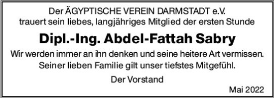 Traueranzeige von Abdel-Fattah Sabry von vrm-trauer Darmstädter Echo