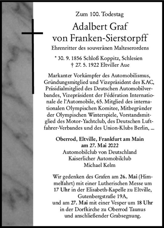 Traueranzeige von Adalbert Graf von Franken-Sierstorpff von vrm-trauer Wiesbadener Kurier