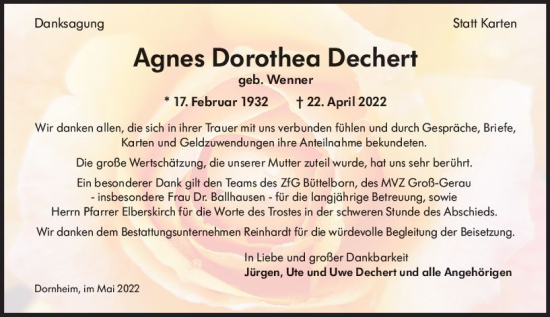 Traueranzeige von Agnes Dorothea Dechert von vrm-trauer Groß-Gerauer Echo