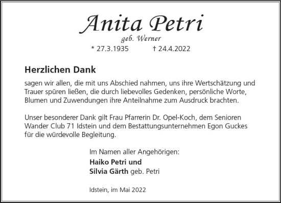 Traueranzeige von Anita Petri von vrm-trauer Idsteiner Zeitung
