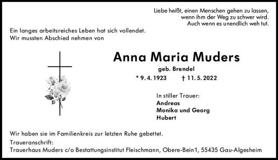Traueranzeige von Anna Maria Muders von vrm-trauer Allgemeine  Zeitung Ingelheim-Bingen