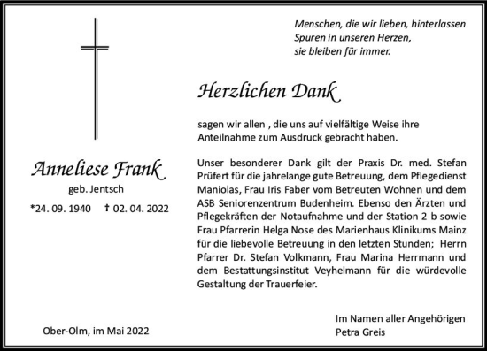 Traueranzeige von Anneliese Frank von vrm-trauer AZ Mainz