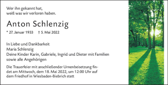 Traueranzeige von Anton Schlenzig von vrm-trauer Wiesbadener Kurier