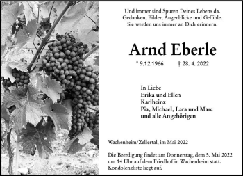 Traueranzeige von Arnd Eberle von vrm-trauer Wormser Zeitung