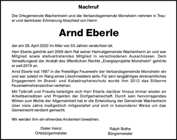 Traueranzeige von Arnd Eberle von vrm-trauer Wormser Zeitung
