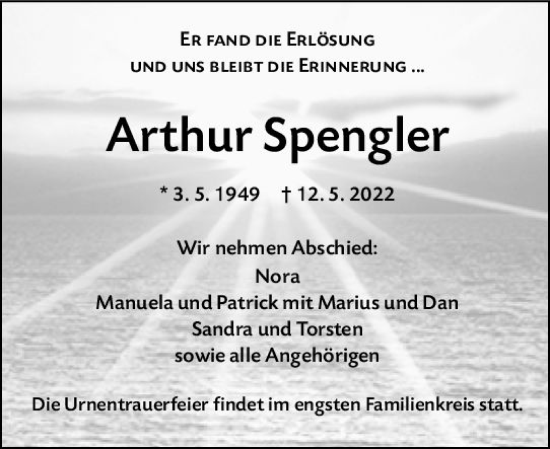 Traueranzeige von Arthur Spengler von vrm-trauer Darmstädter Echo