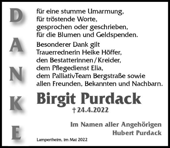 Traueranzeige von Birgit Purdack von vrm-trauer Bürstädter/Lamperth. Ztg/Starkenburger