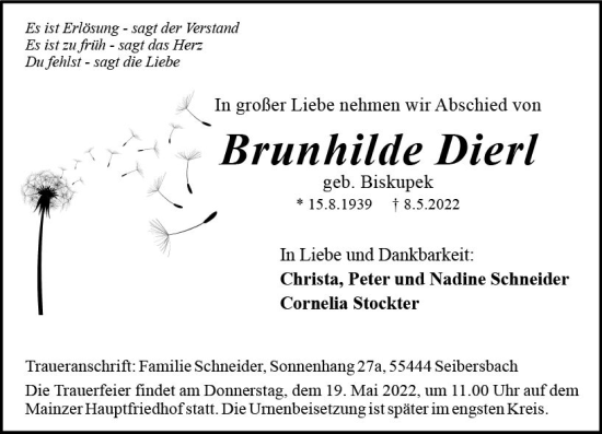 Traueranzeige von Brunhilde Dierl von vrm-trauer AZ Mainz