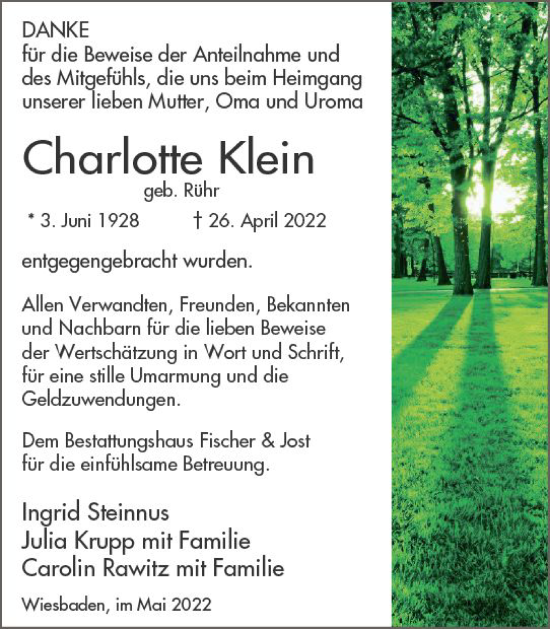 Traueranzeige von Charlotte Klein von vrm-trauer Wiesbadener Kurier