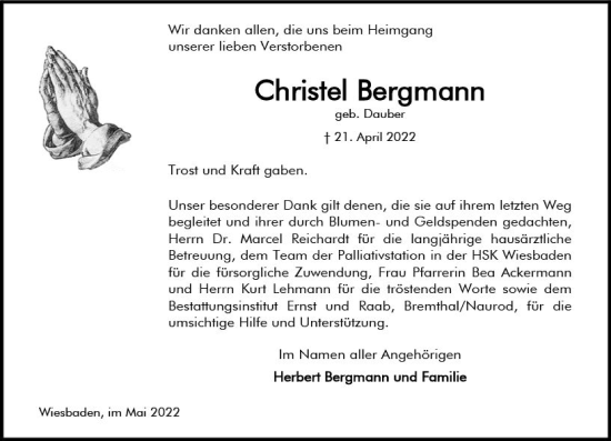 Traueranzeige von Christel Bergmann von vrm-trauer Wiesbadener Kurier