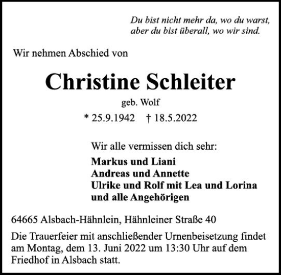 Traueranzeige von Christine Schleiter von vrm-trauer Darmstädter Echo