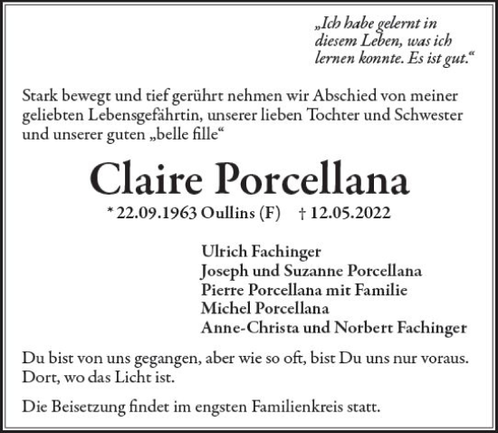 Traueranzeige von Claire Porcellana von vrm-trauer Wiesbadener Kurier