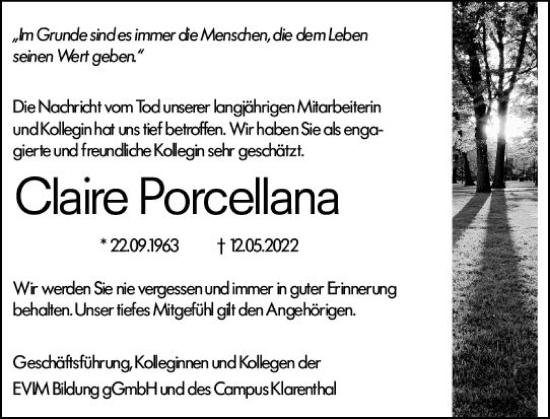 Traueranzeige von Claire Porcellana von vrm-trauer Wiesbadener Kurier